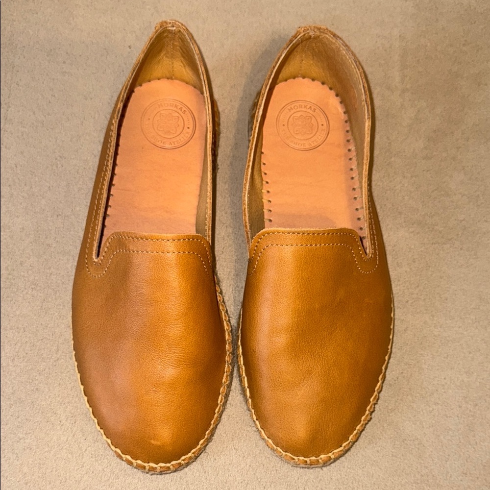 Camel Leather Espadrille Slip-on Flats